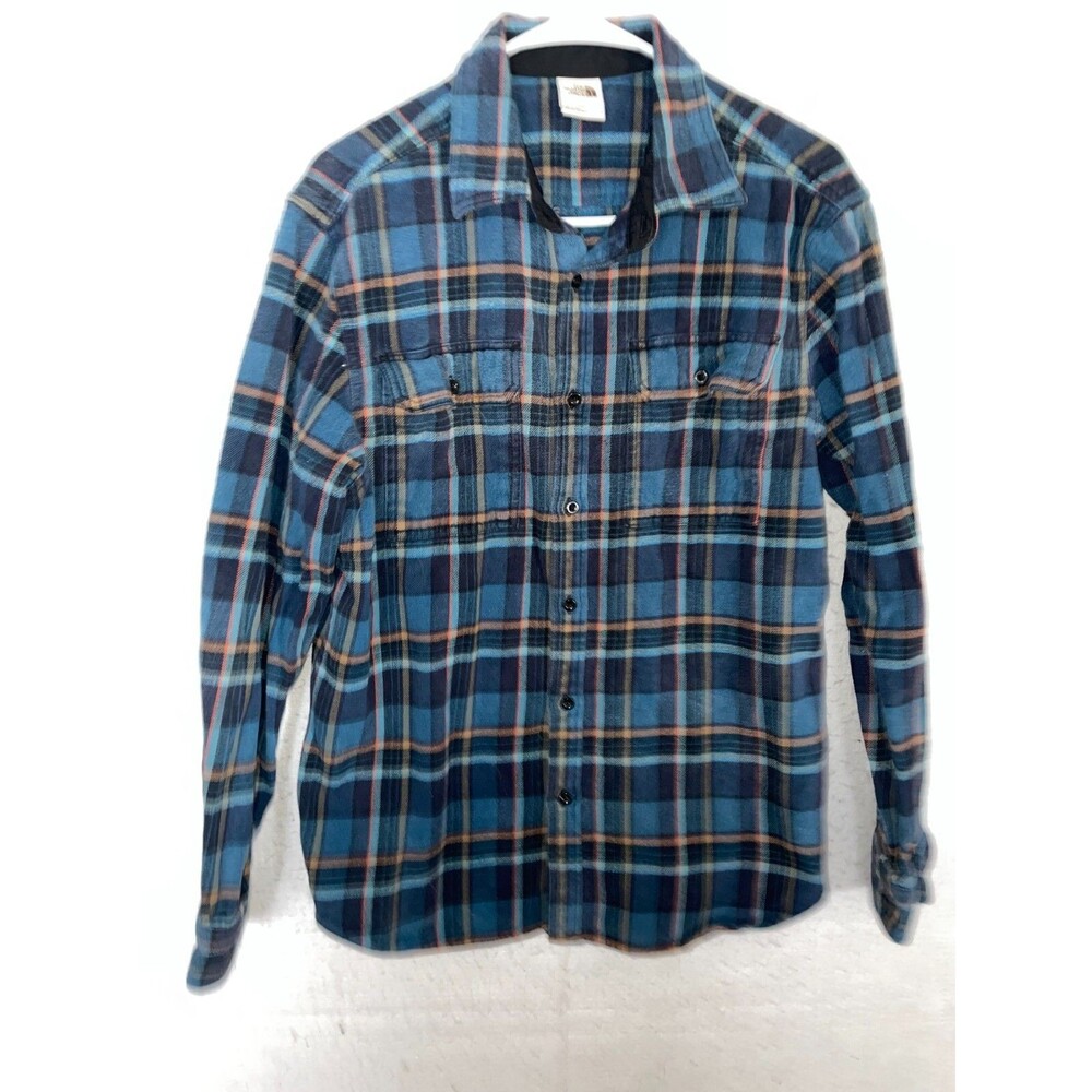 The North Face Twill Heavy Flannel Shirt Mens L Blue Plaid Button Up Outdoor